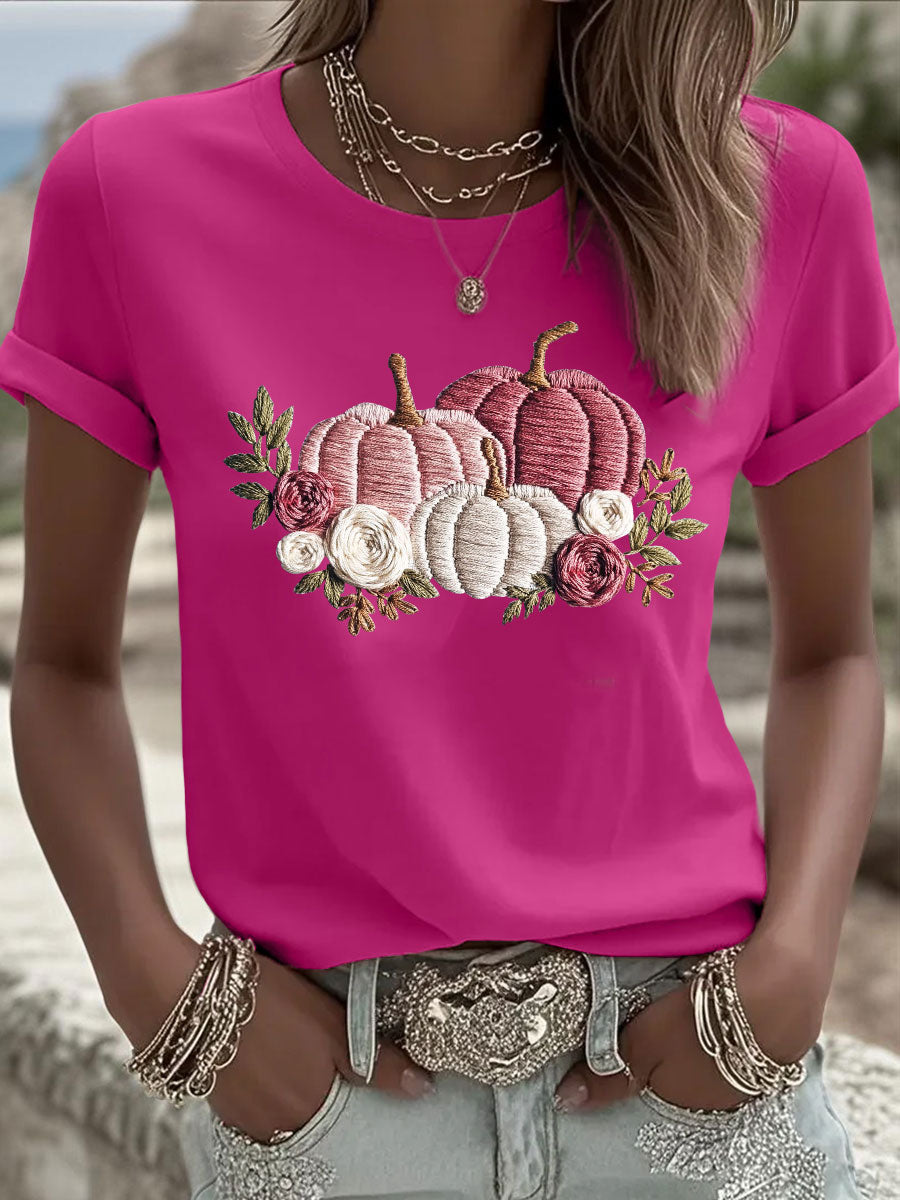 Camiseta casual con estampado de calabaza rosa para mujer