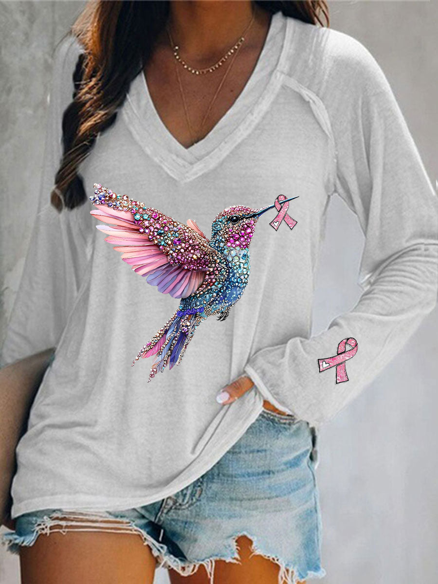 Camiseta casual con estampado de colibrí rosa para mujer