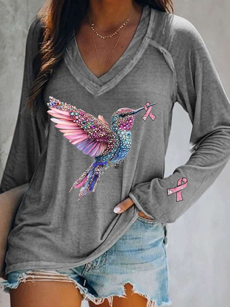 Camiseta casual con estampado de colibrí rosa para mujer