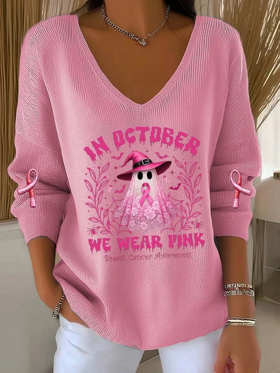 Casual de las mujeres de cáncer de mama que usan octubre Rosa fantasma Pit Stripe manga larga Top