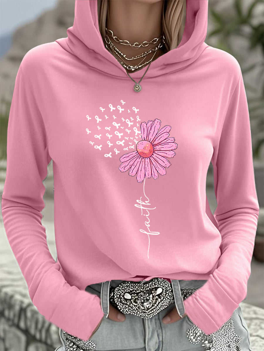 Top con capucha de apoyo de concientización sobre el cáncer de mama de girasol rosa de cinta para mujer