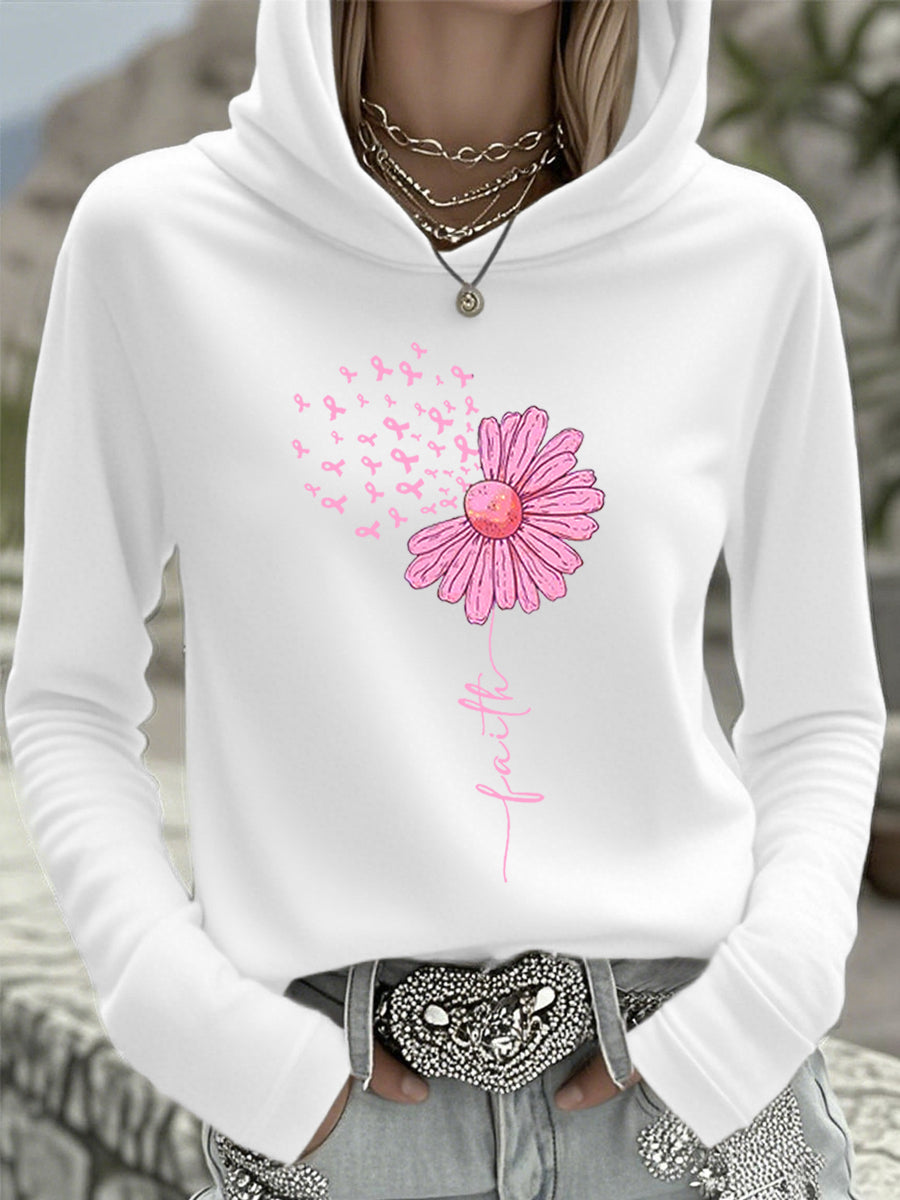 Top con capucha de apoyo de concientización sobre el cáncer de mama de girasol rosa de cinta para mujer