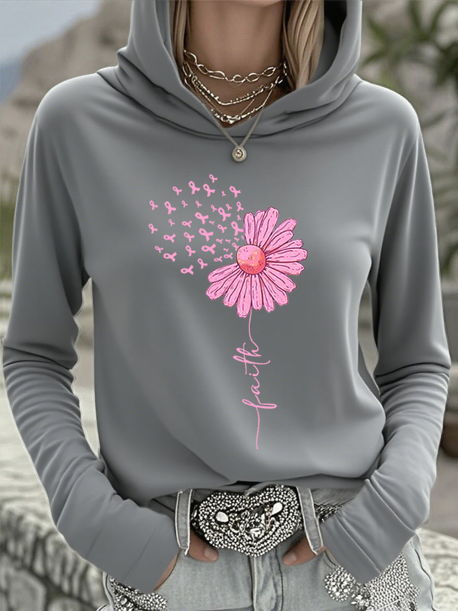Top con capucha de apoyo de concientización sobre el cáncer de mama de girasol rosa de cinta para mujer