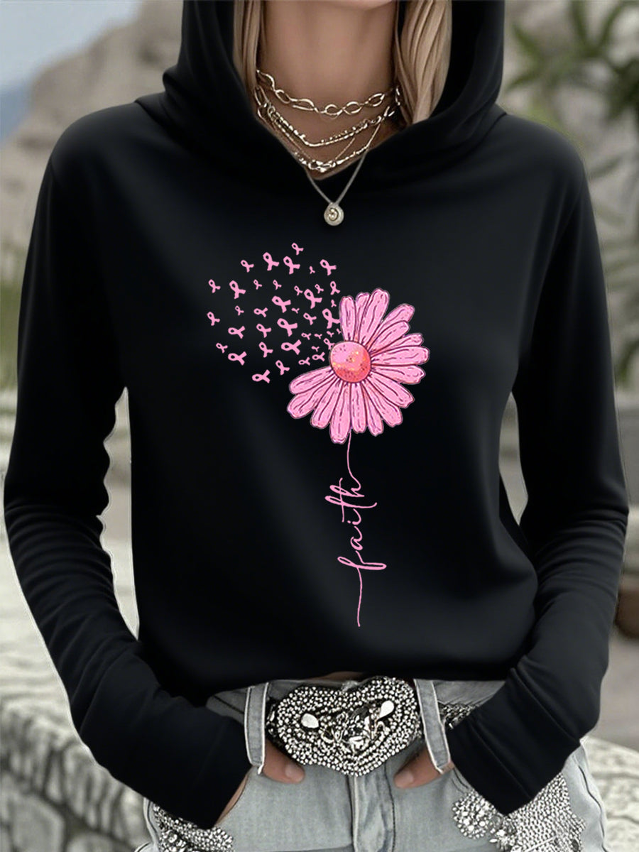 Top con capucha de apoyo de concientización sobre el cáncer de mama de girasol rosa de cinta para mujer