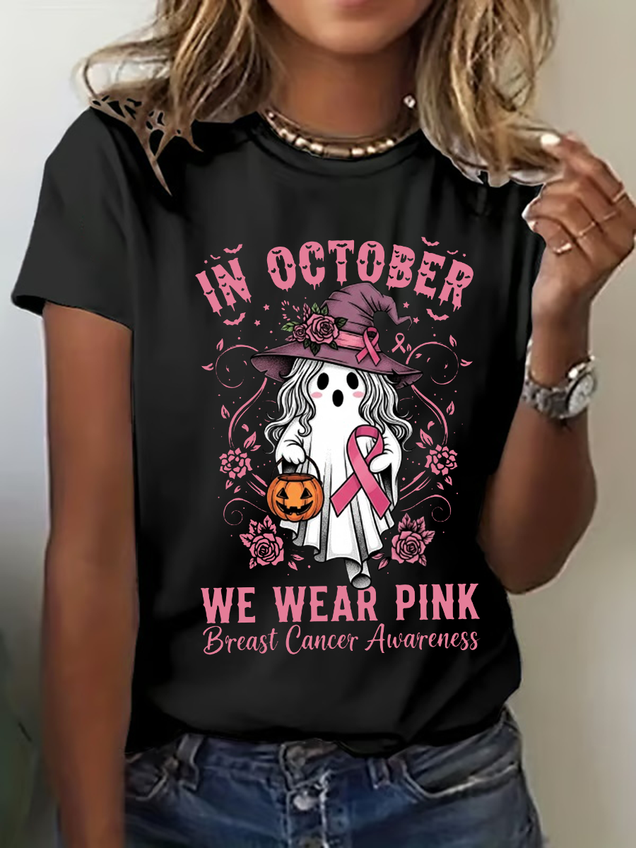 Concientización sobre el cáncer de mama para mujer en octubre Usamos camiseta casual con estampado rosa