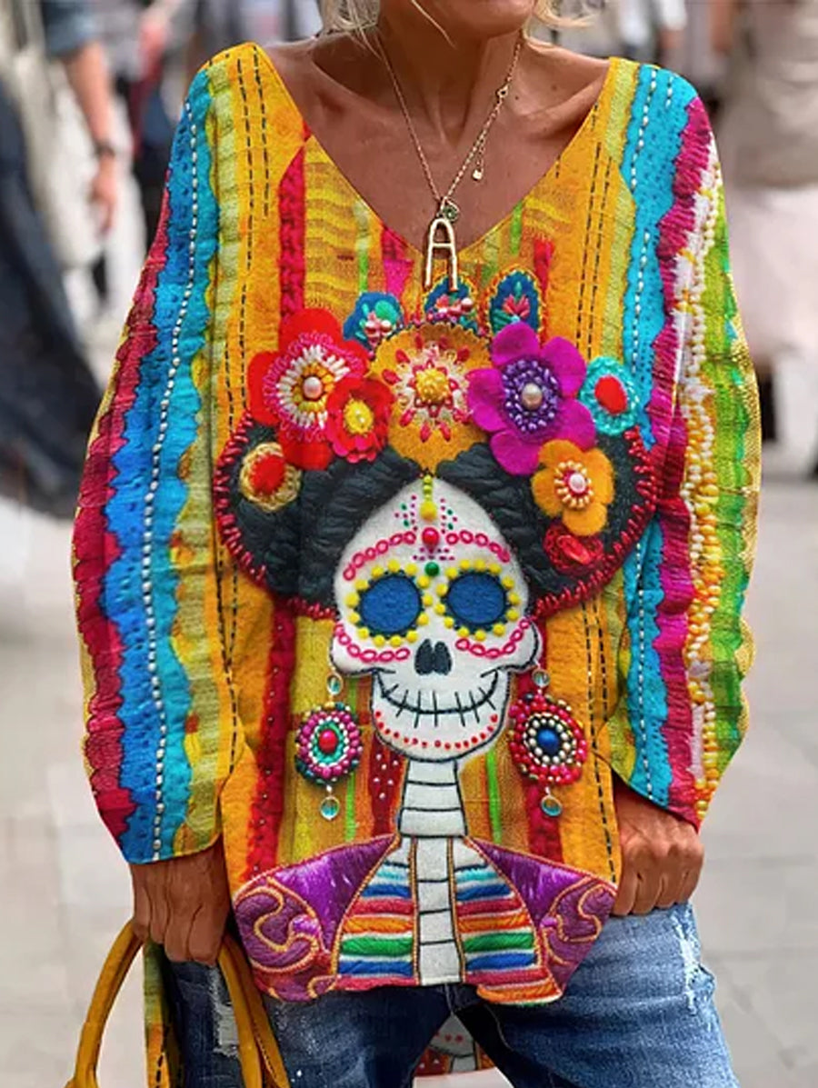 Top casual de manga larga con estampado de cráneo de día de los muertos para mujer