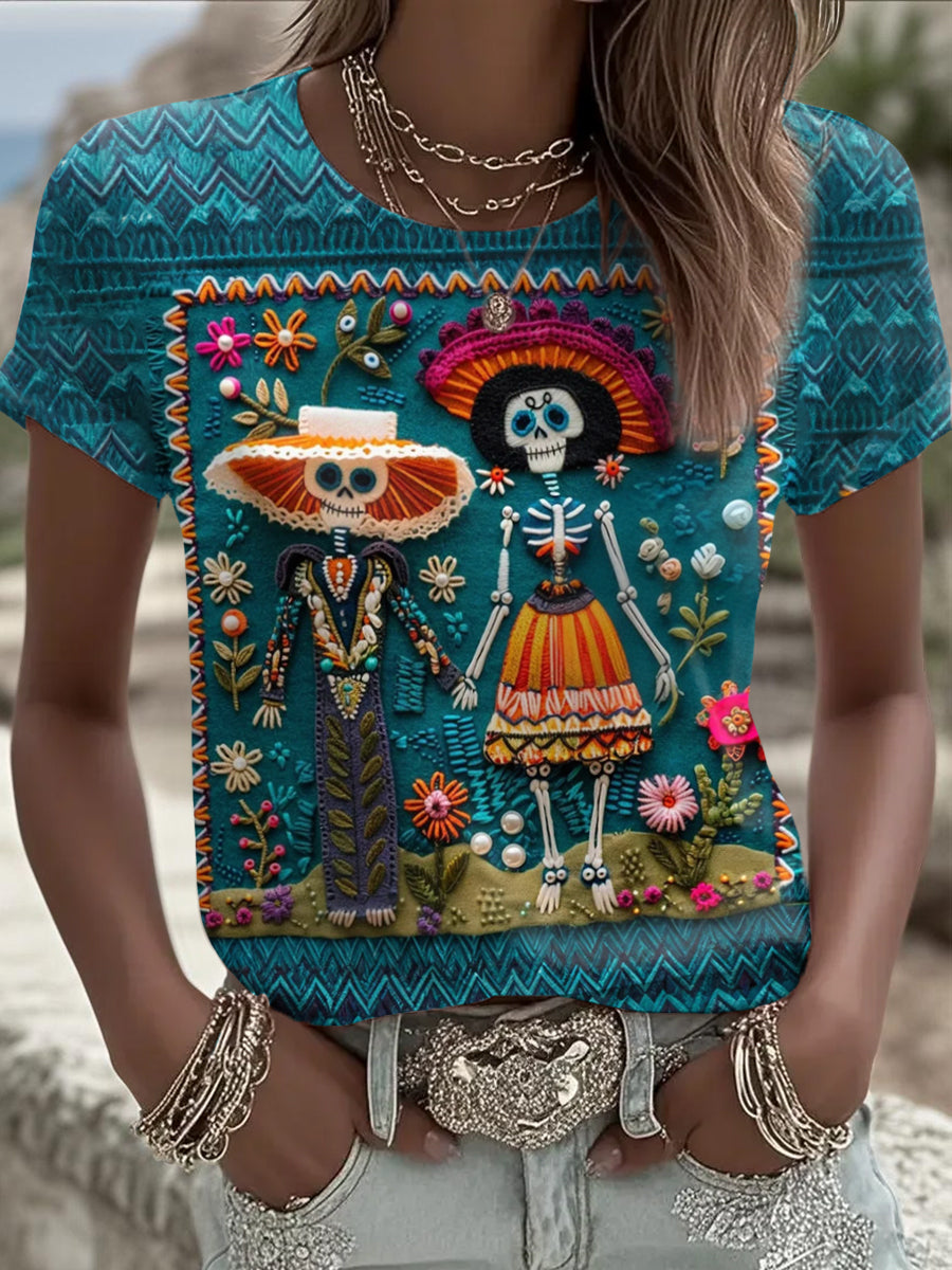 Camiseta casual con estampado de calavera muerta para mujer