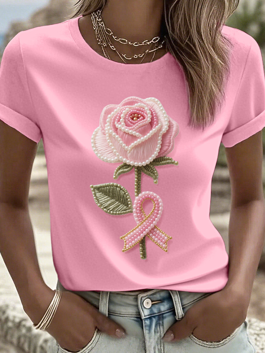 Camiseta con estampado floral y cinta rosa para mujer