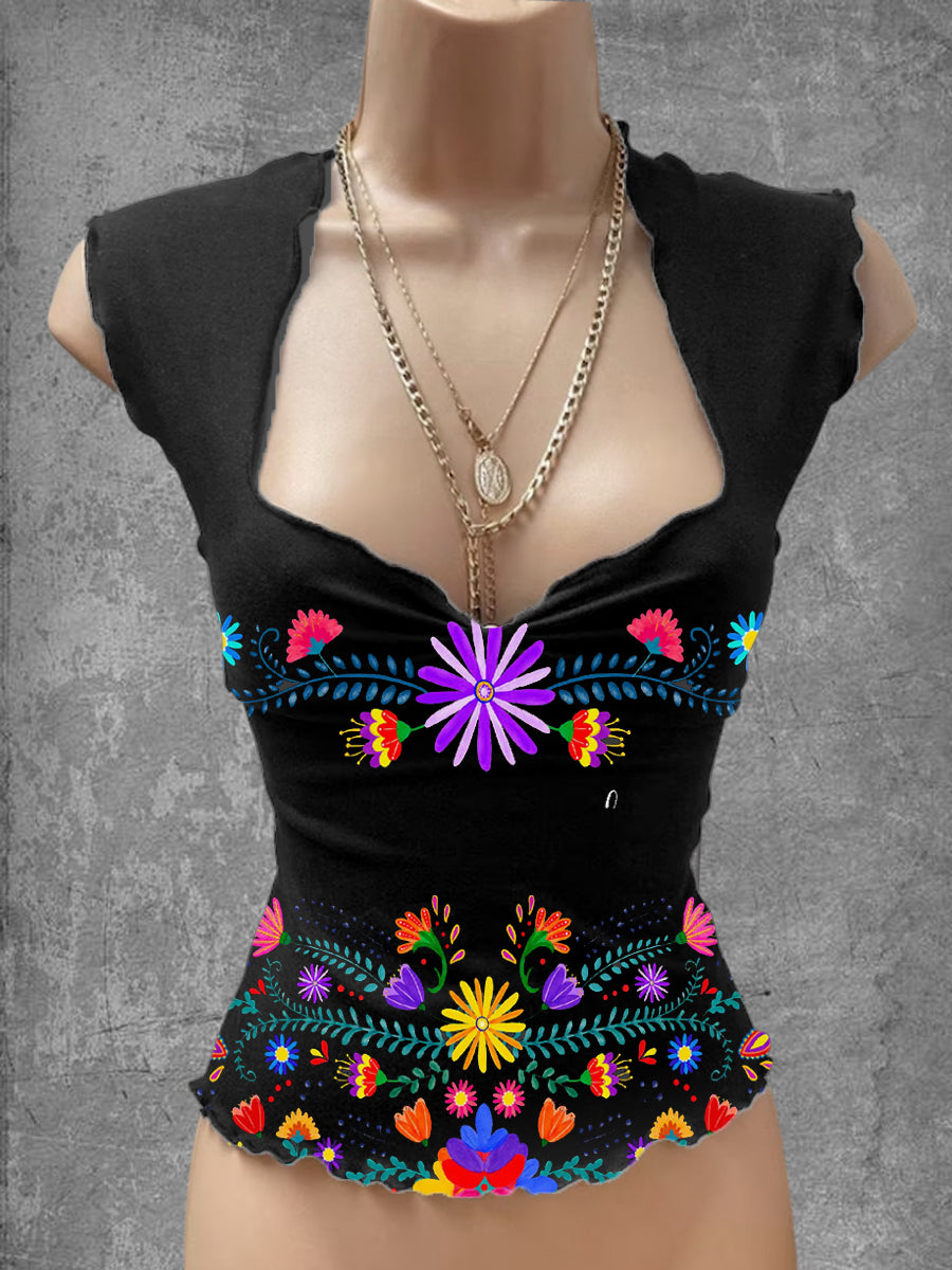 Top casual con cuello en V estampado de arte floral mexicano vintage