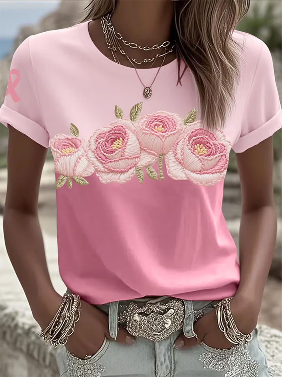 Camiseta casual cómoda con estampado rosa retro para mujer