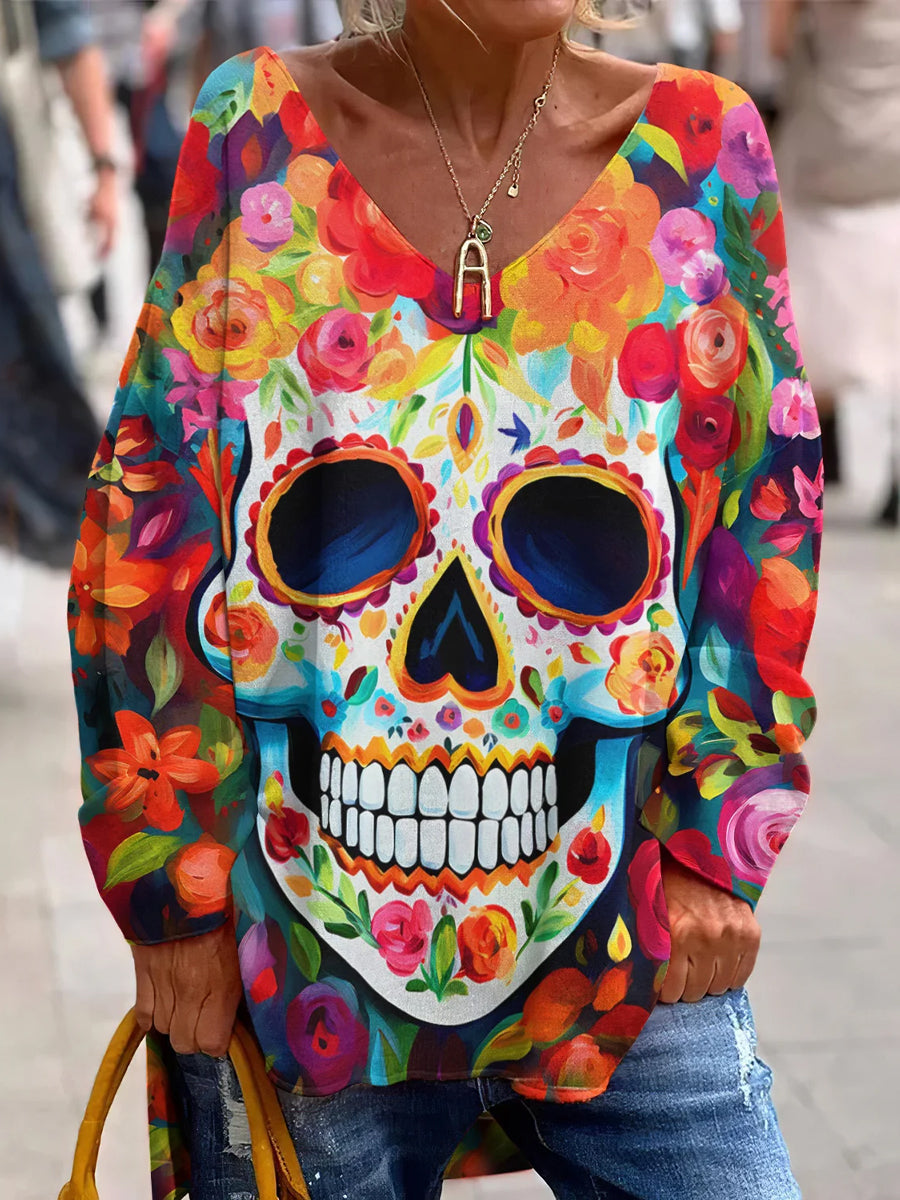 Vintage Mexican Day of the Dead Art Print Top con cuello en V