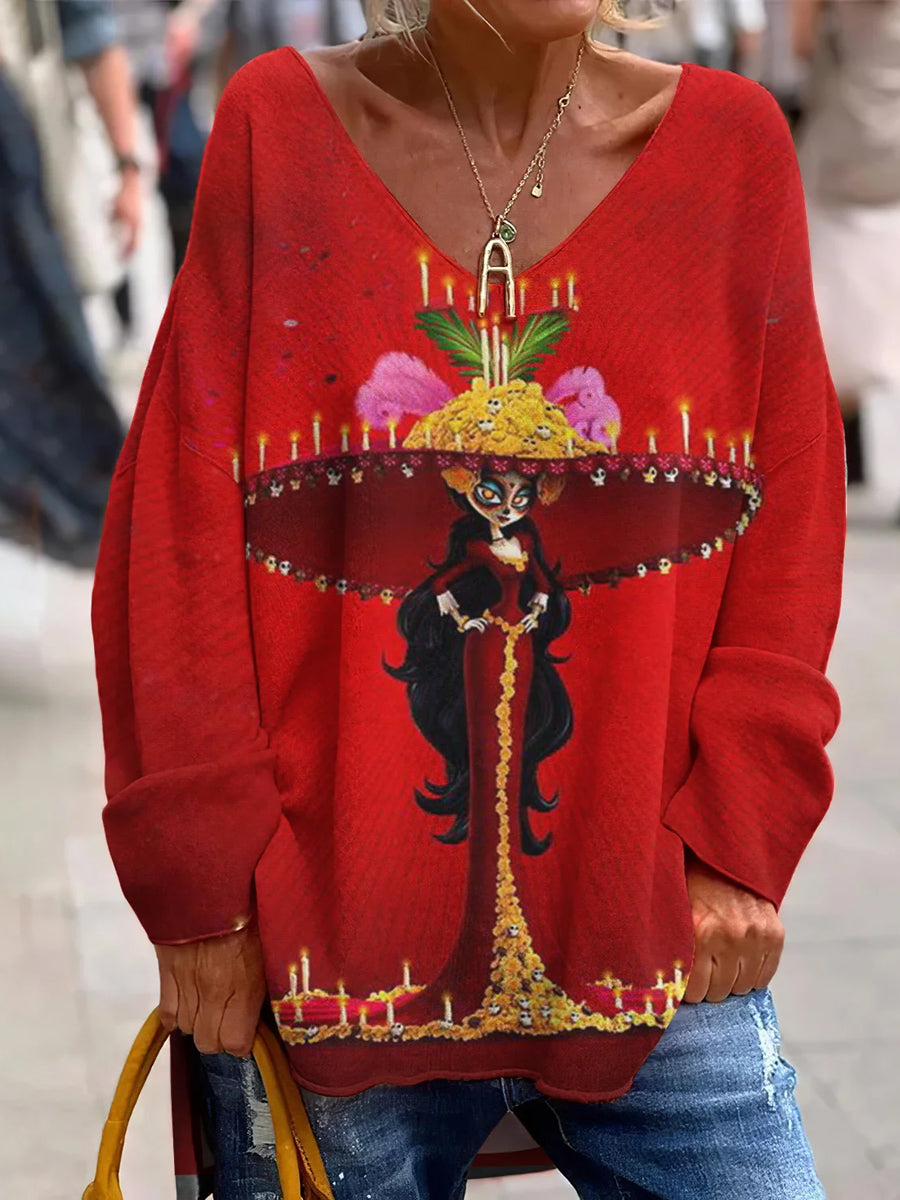 Vintage Mexican Day Of The Dead Art Print Top Casual con cuello en V