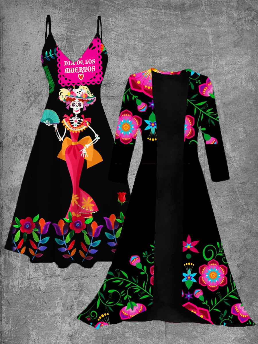 Vestido midi de dos piezas vintage con estampado de arte floral mexicano