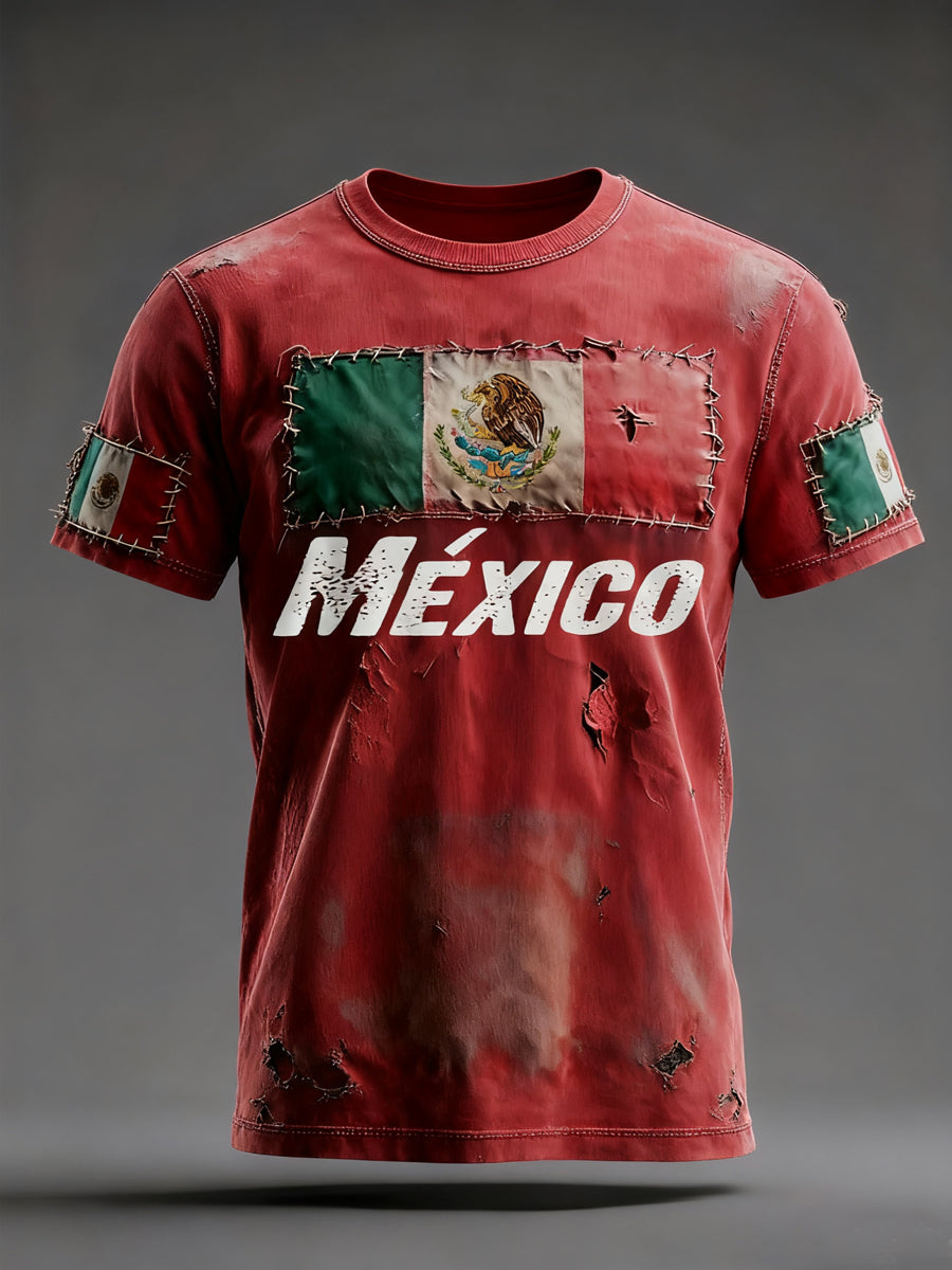 Camiseta casual con estampado de patchwork de bandera mexicana vintage para hombre