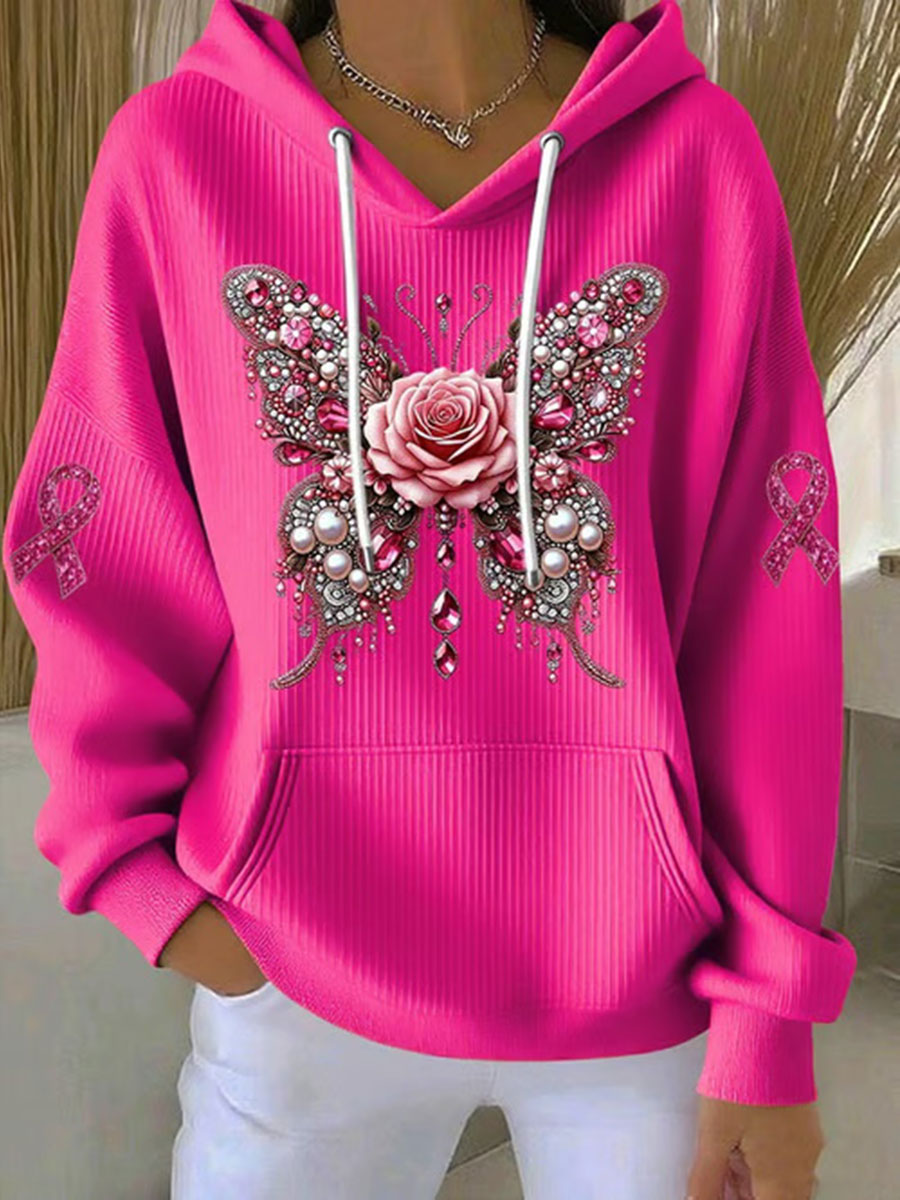 Conciencia del cáncer de mama de las mujeres Pink Butterfly Print Casual Sudadera