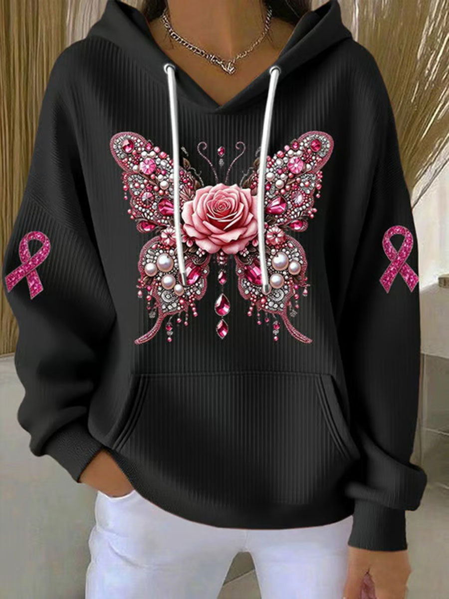 Conciencia del cáncer de mama de las mujeres Pink Butterfly Print Casual Sudadera