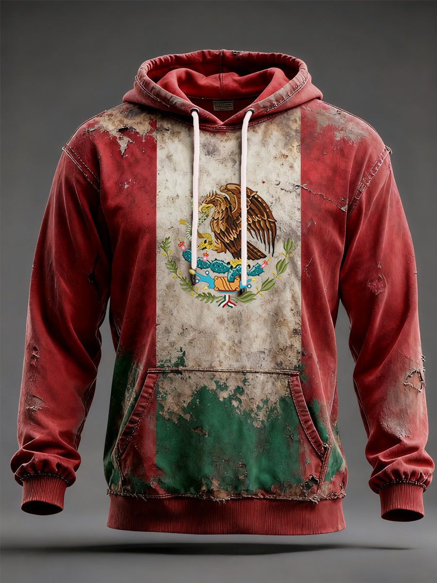 Hombres Vintage Mexican Flag Print Casual Hoodie