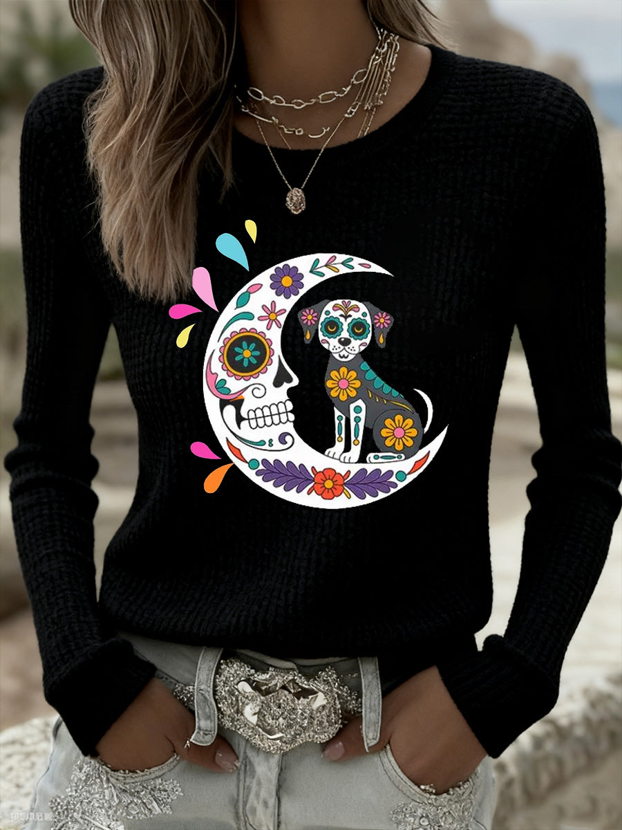 Suéter conmemorativo con estampado animal del día de los muertos para mujer