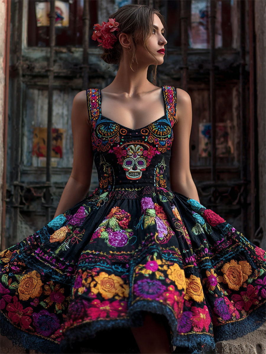 Vestido con estampado floral para mujer del día de los muertos