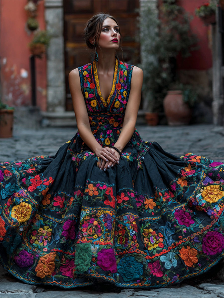 Vestido con estampado floral para mujer del día de los muertos