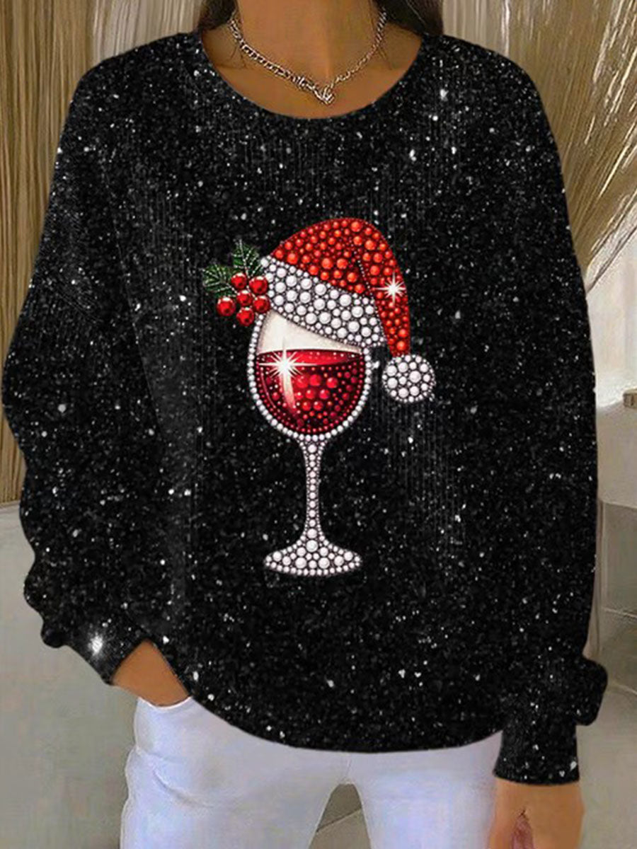 Sudadera con cuello redondo acanalado de cristal de vino tinto de Navidad para mujer