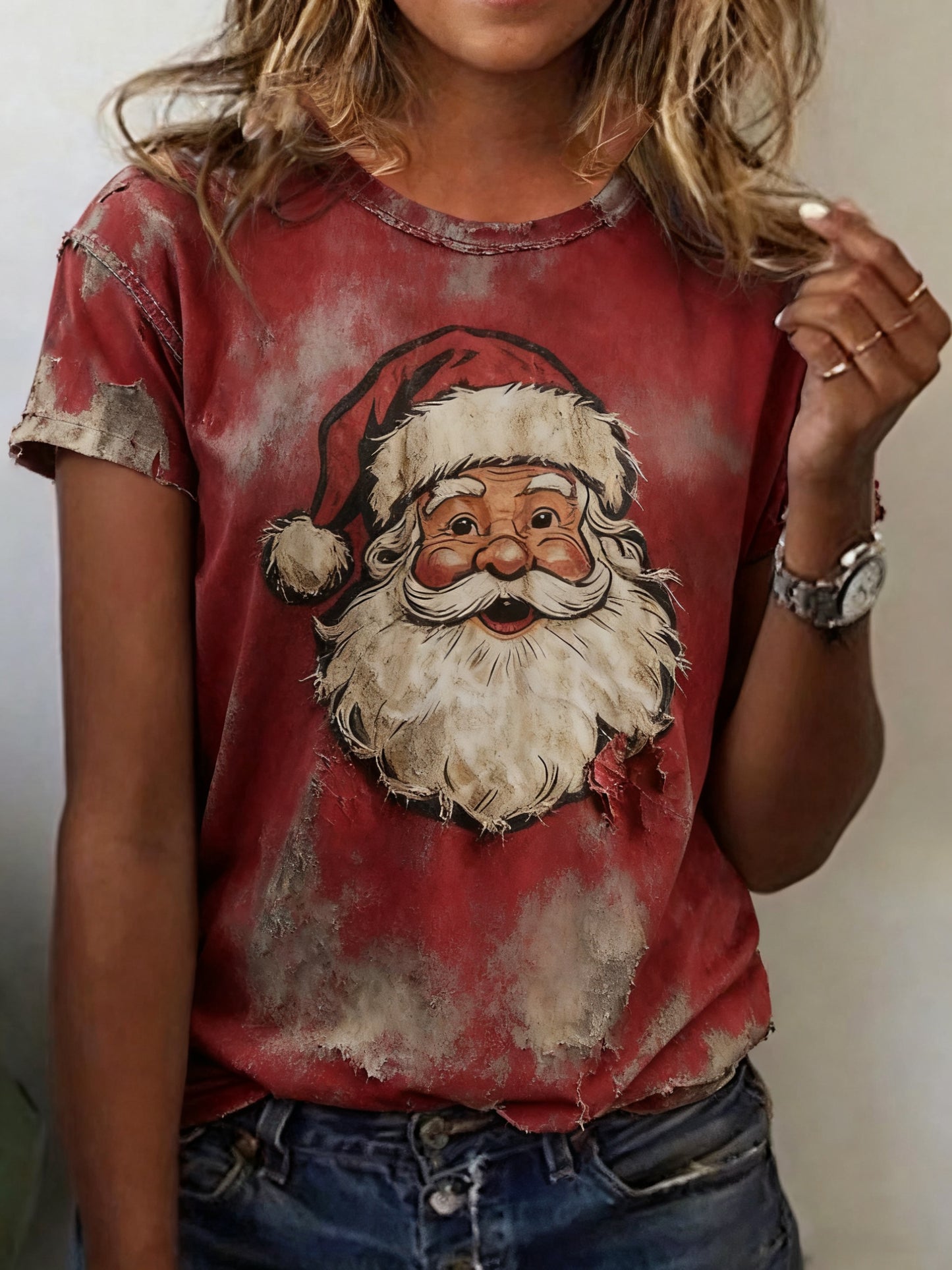 Camiseta casual con estampado de santa claus para mujer