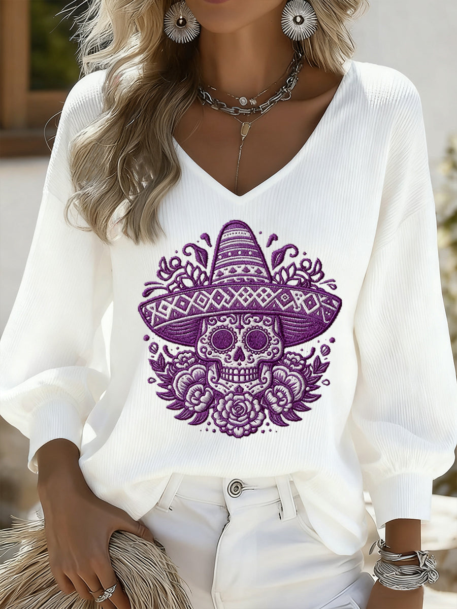 Top de manga larga casual retro mexicano del día de los muertos para mujer