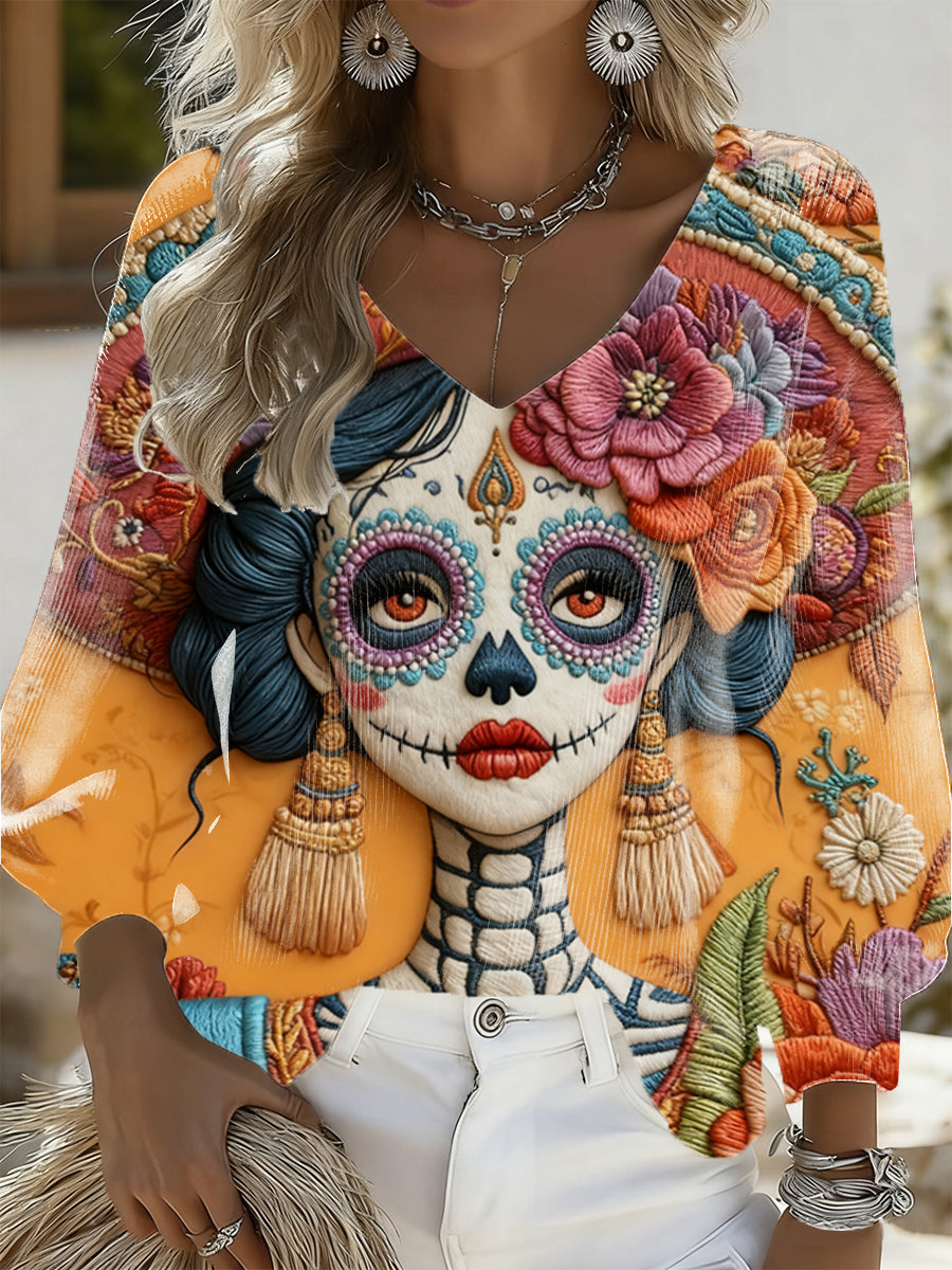 Top de manga larga casual retro mexicano del día de los muertos para mujer