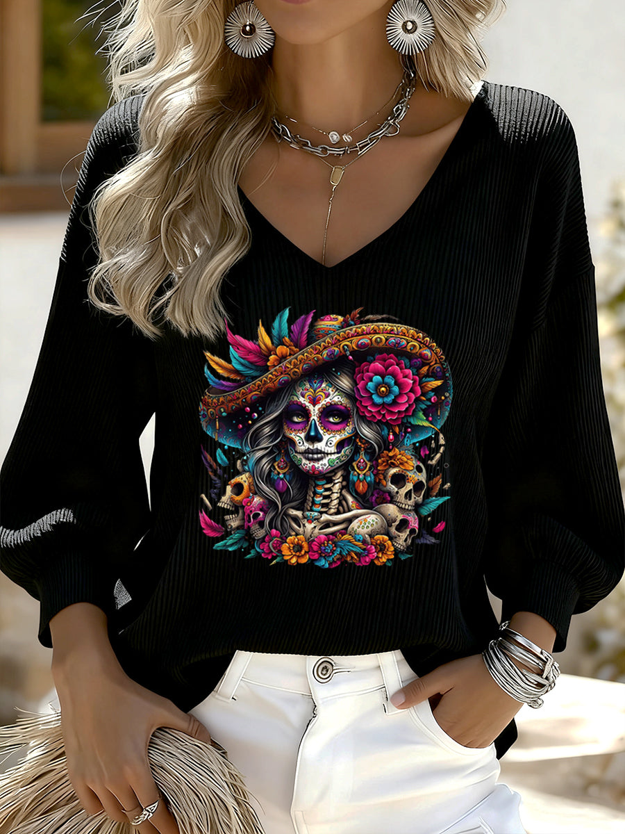 Top de manga larga casual retro mexicano del día de los muertos para mujer