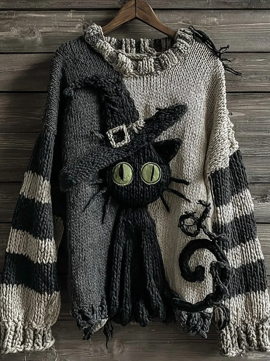 Suéter lindo del cuello del equipo del arte de los gatos de la bruja de Halloween de las mujeres