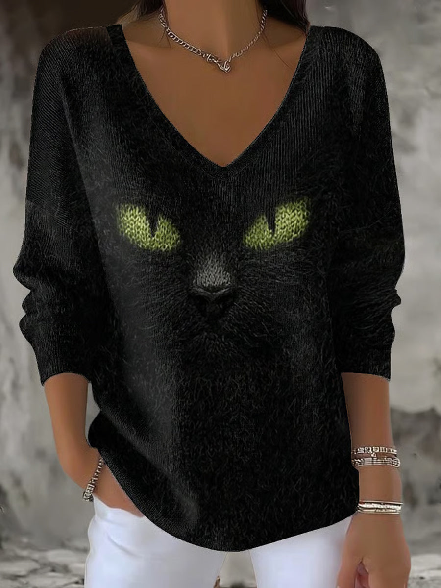 Top Casual Vintage Gato Negro Confort para mujer