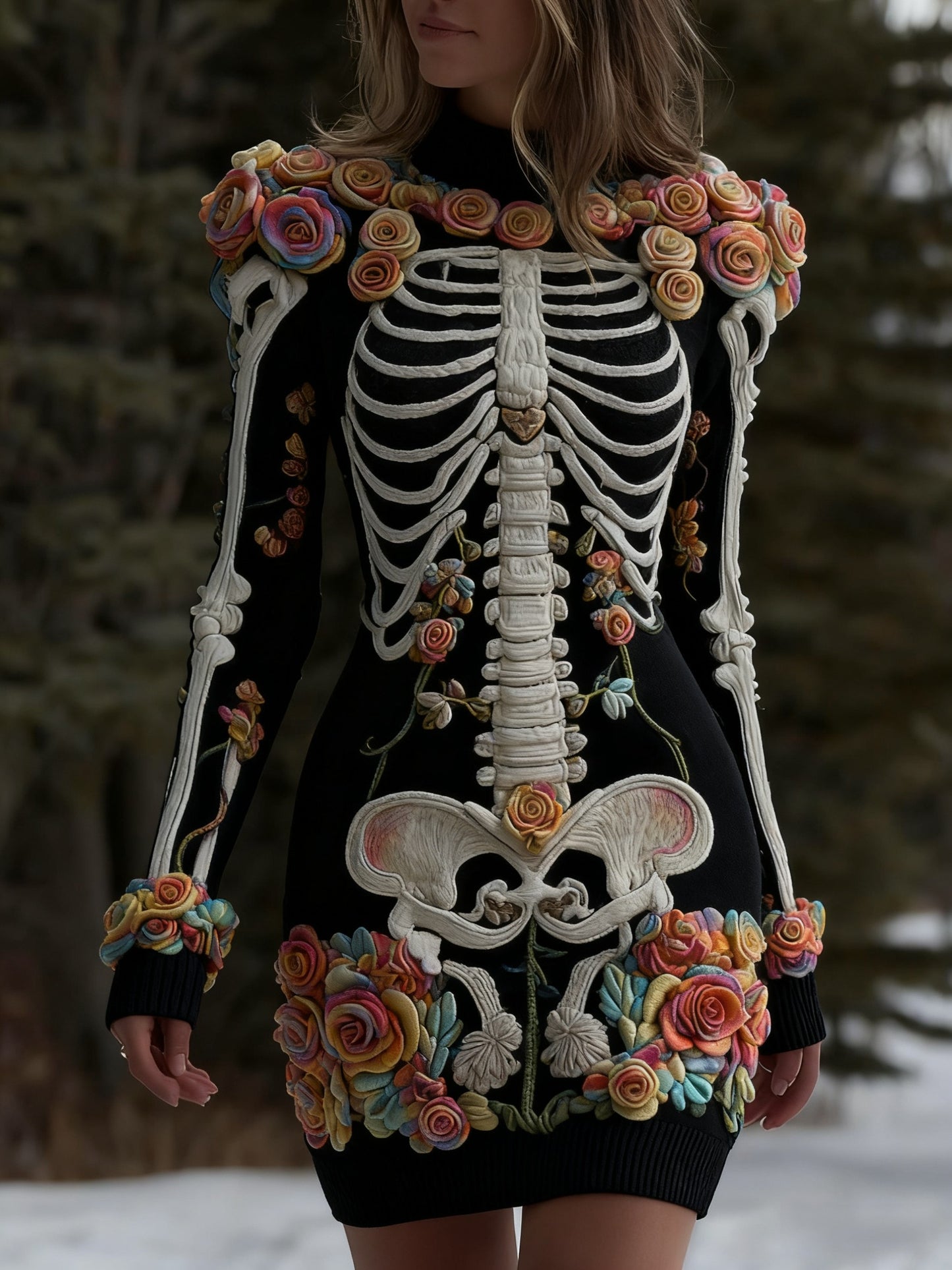 Vestido de punto floral retro del cráneo de Halloween de las mujeres