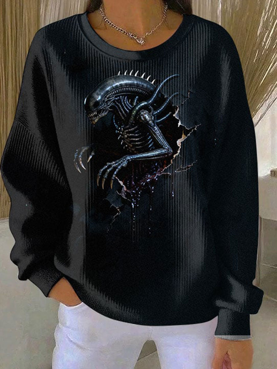 Sudadera con cuello redondo acanalado de Halloween Alien para mujer