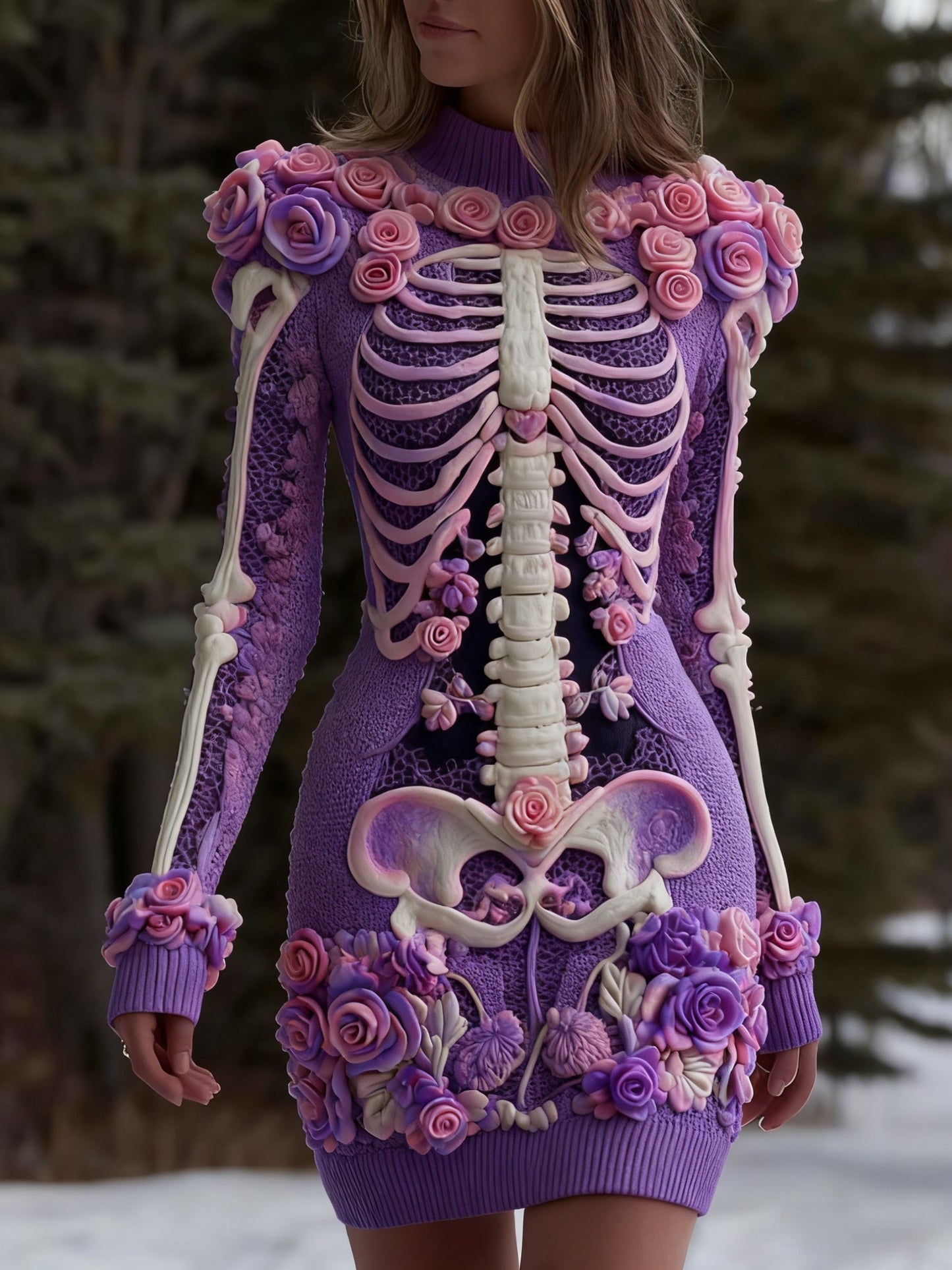 Vestido de punto floral retro del cráneo de Halloween de las mujeres