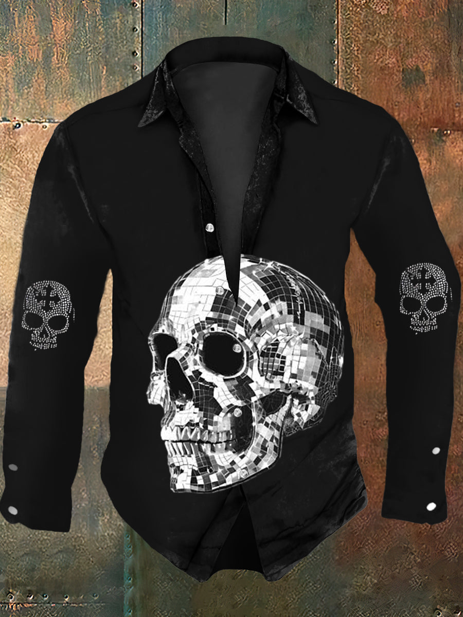 Hombres Retro Halloween Party Sparkling Rhinestone Skull Abstract Print Casual Camisa de manga larga