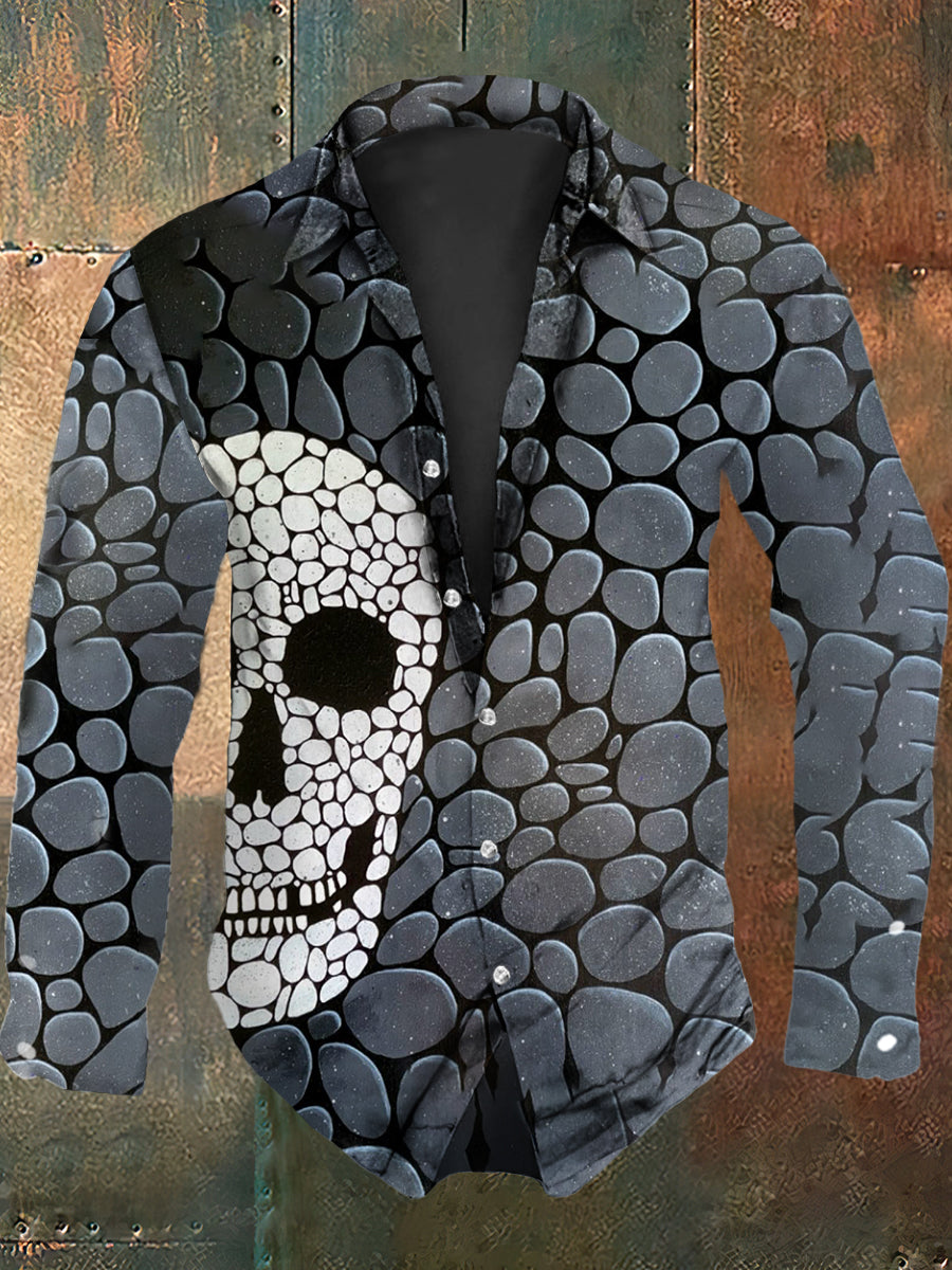 Hombres Retro Halloween Party Patchwork Skull Abstract Print Casual Camisa de manga larga