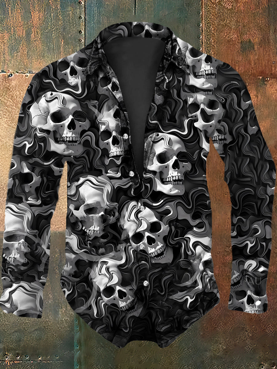 Hombres retro Halloween partido brillante espejo cráneo abstracto impresión casual camisa de manga larga