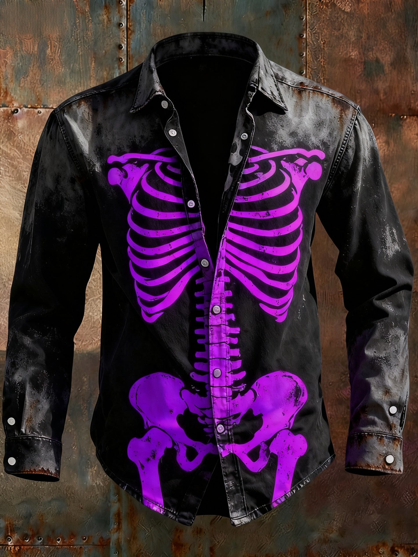 Hombres Retro Punk Halloween Skull Skeleton Abstract Print Casual Camisa de manga larga