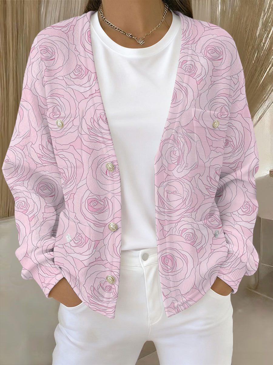 Mujer Rosa Floral Print Pocket Cardigan