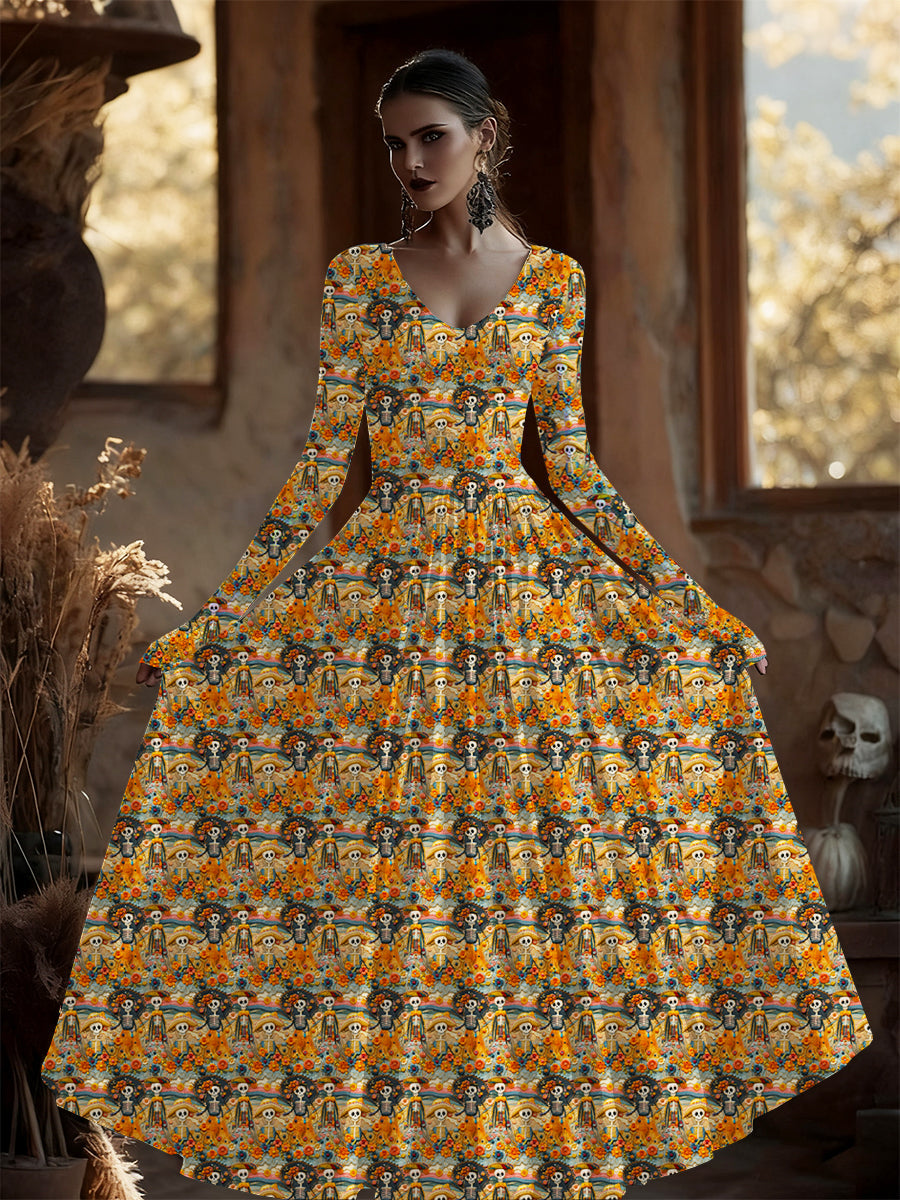 Día mexicano de las mujeres del vestido largo floral ocasional de la vendimia muerta