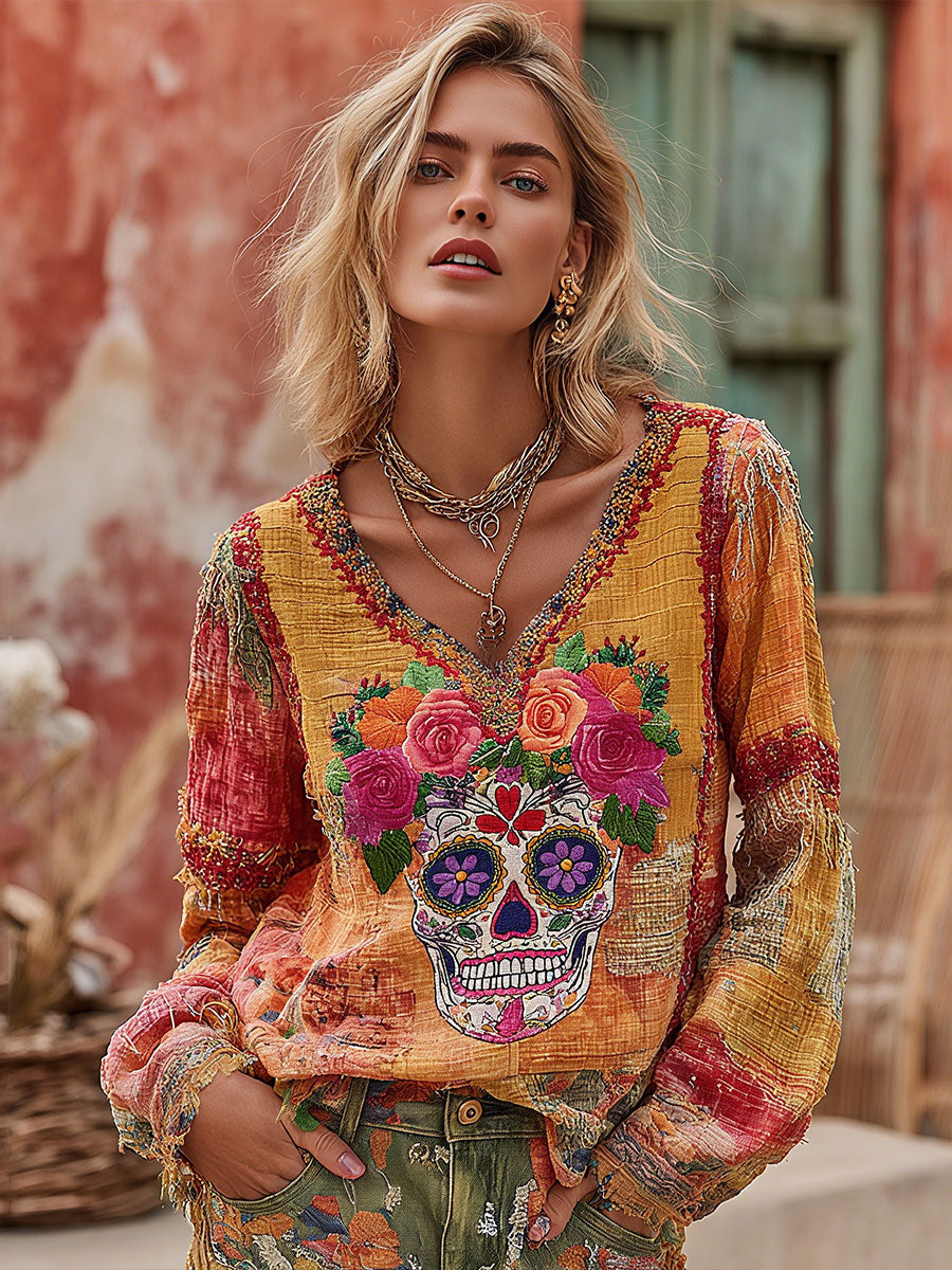 Tops con cuello en V para mujer del Día de los Muertos