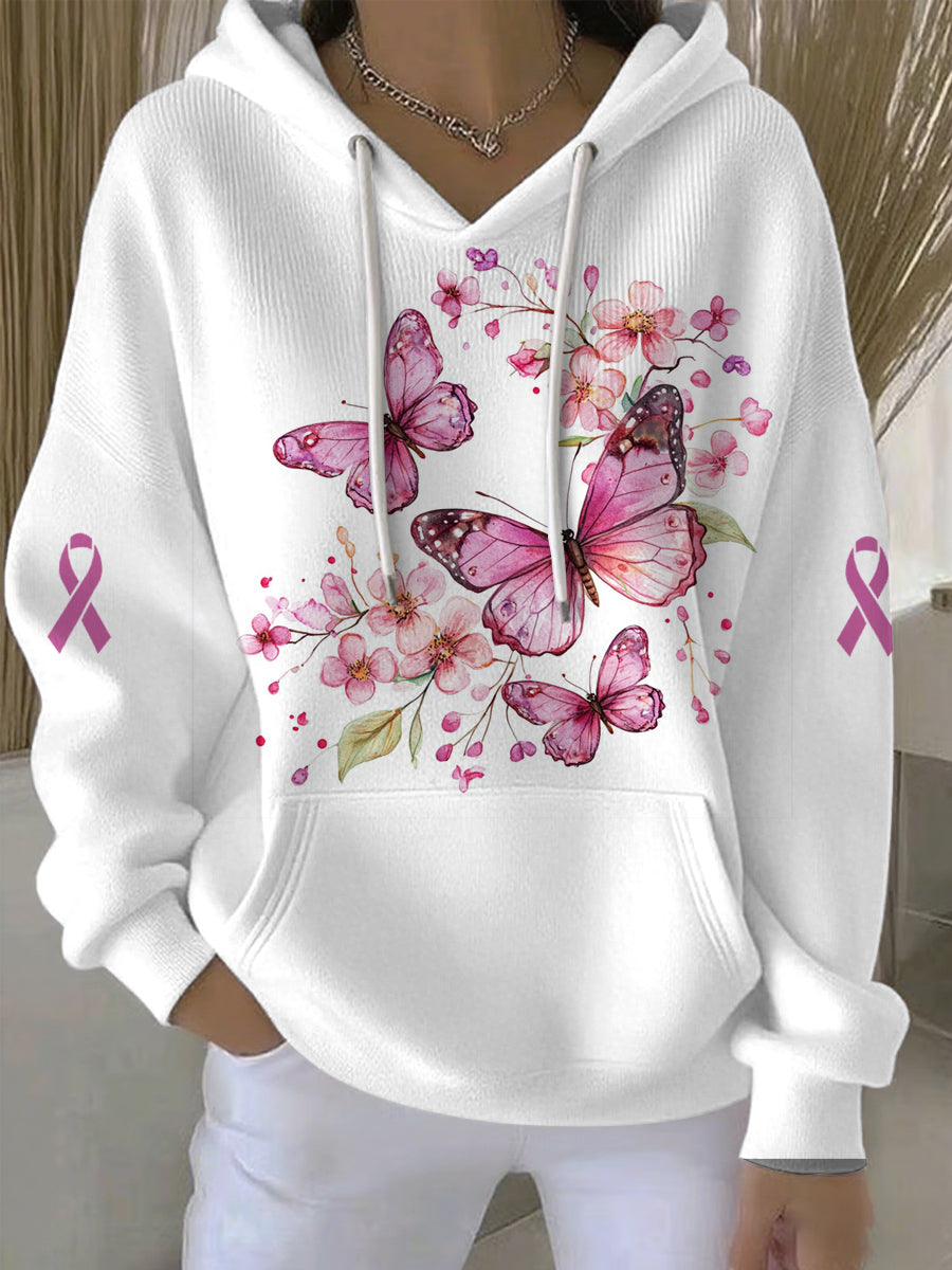 Sudadera con capucha casual de impresión rosa de cáncer de mama para mujer