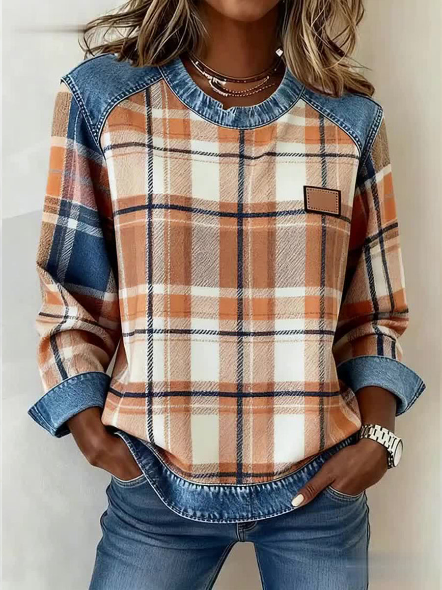 Vintage Plaid Print Patchwork Art Sudadera de mujer