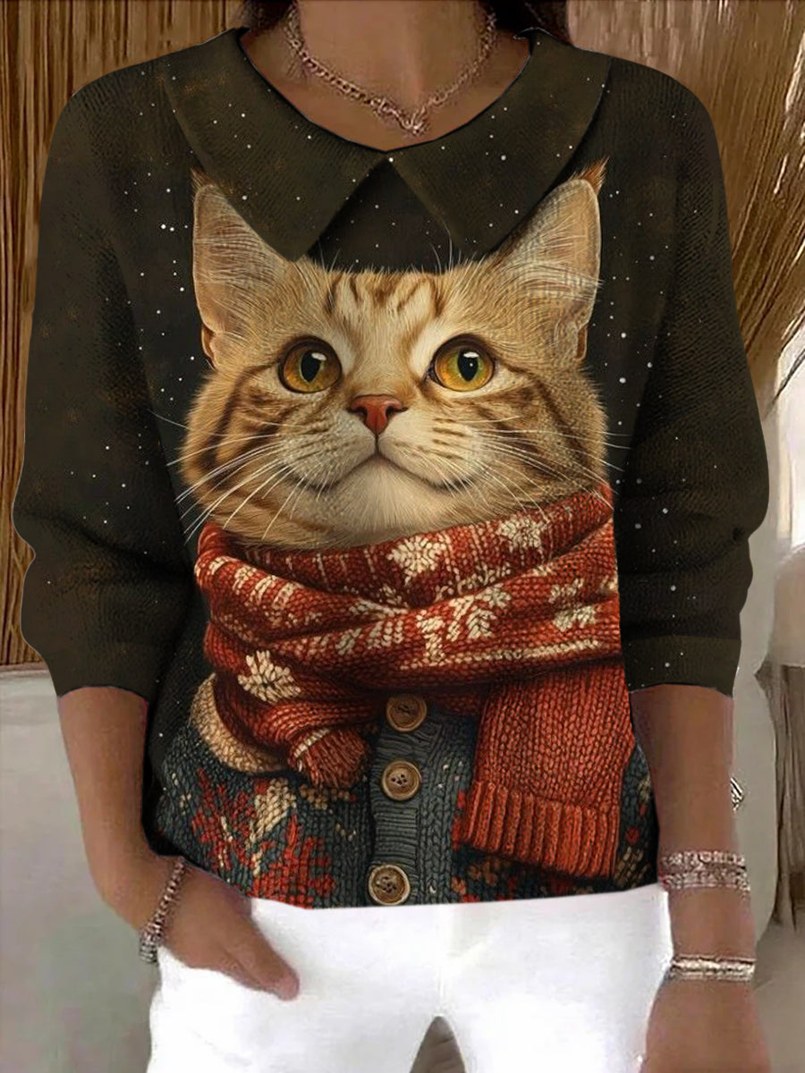 Suéter con estampado de arte de gato de invierno para mujer