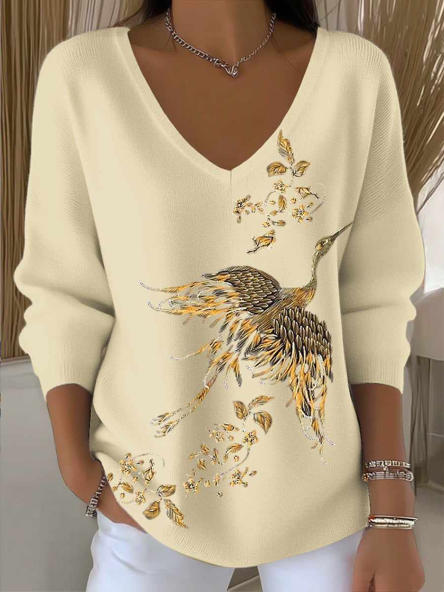 Vintage para mujer Flying Crane Art V-Neck Top