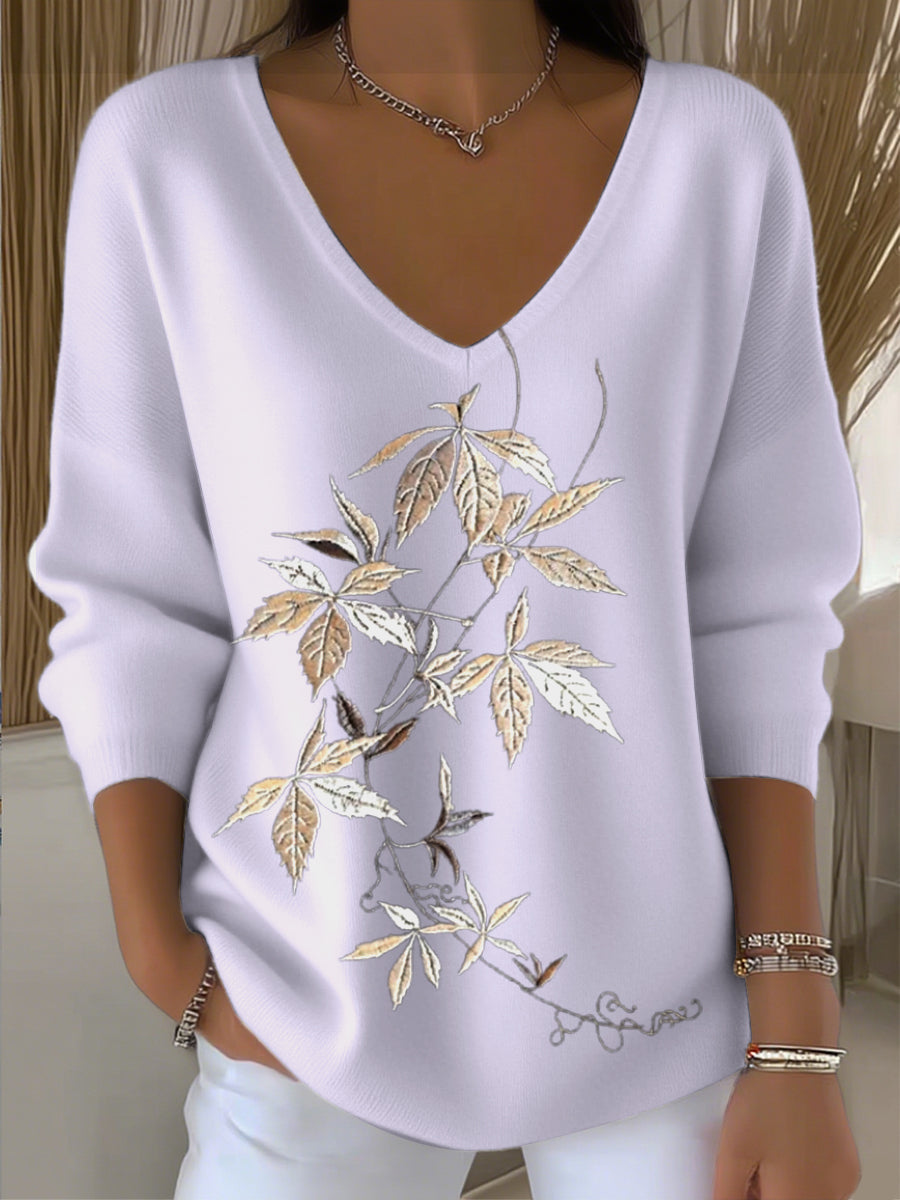 Suéter con cuello en V para mujer bordado con hojas beige