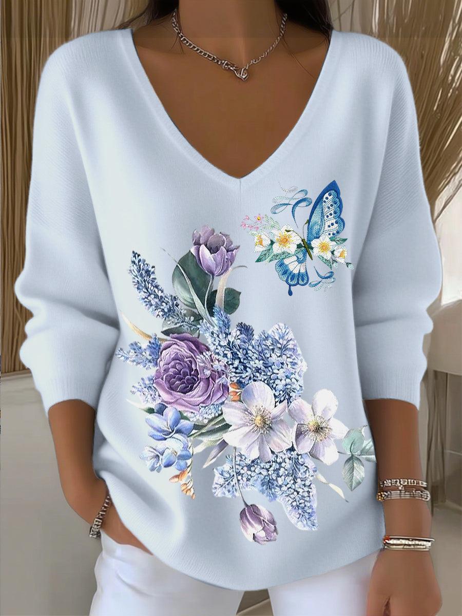 Suéter con cuello en V de bordado de mariposa floral azul de temperamento de mujer