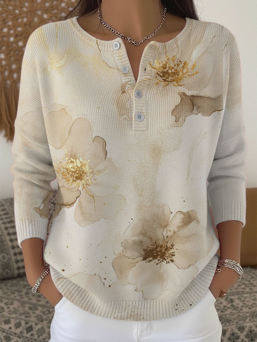 Suéter con cuello henley beige floral dorado para mujer