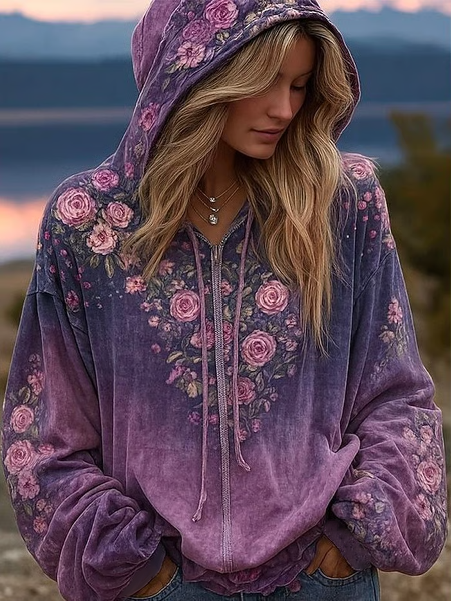 Sudadera con cuello redondo estampado floral púrpura vintage de otoño para mujer