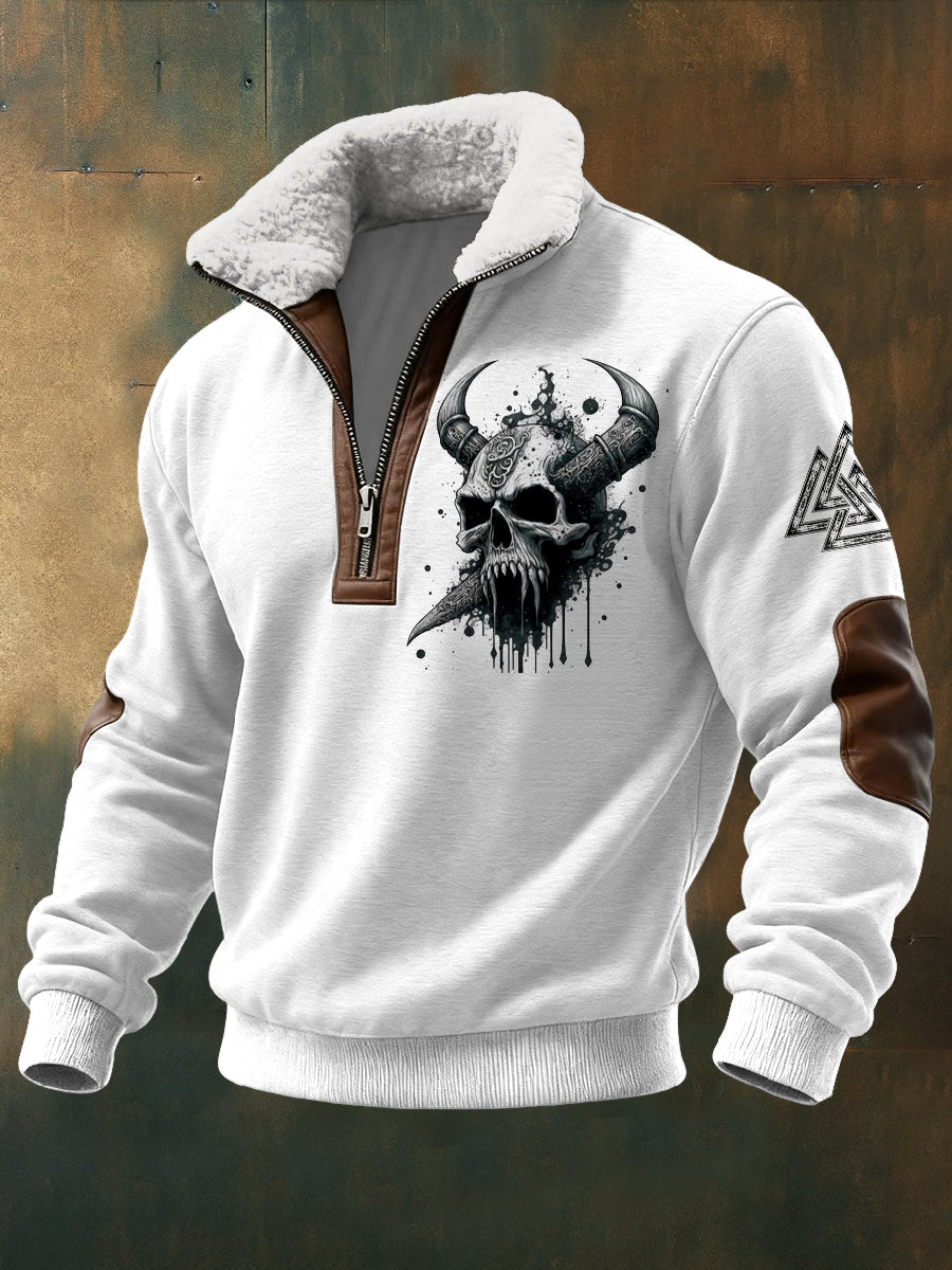Hombres de Viking Skull Impreso Manga larga Stand Up Collar Lambhair Zipper Top